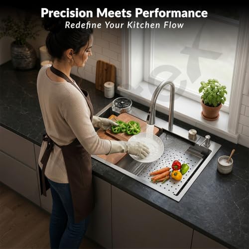 Image of Plantex Kitchen Sink for Home /304 Grade Stainless Steel Waterfall Kitchen Sink with Anti-Scratch Design /Sink with Pull-Down Faucet - (30x18x10 Inch, Matt)