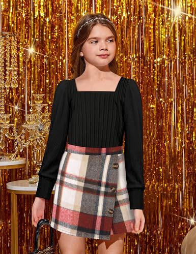 Image of AGAPENG Girl Skirt Sets 3 Piece Outfits Square Neck Jacquard Puff Sleeve Tops Plaid Mini Skirt Shorts Fall Winter Clothes