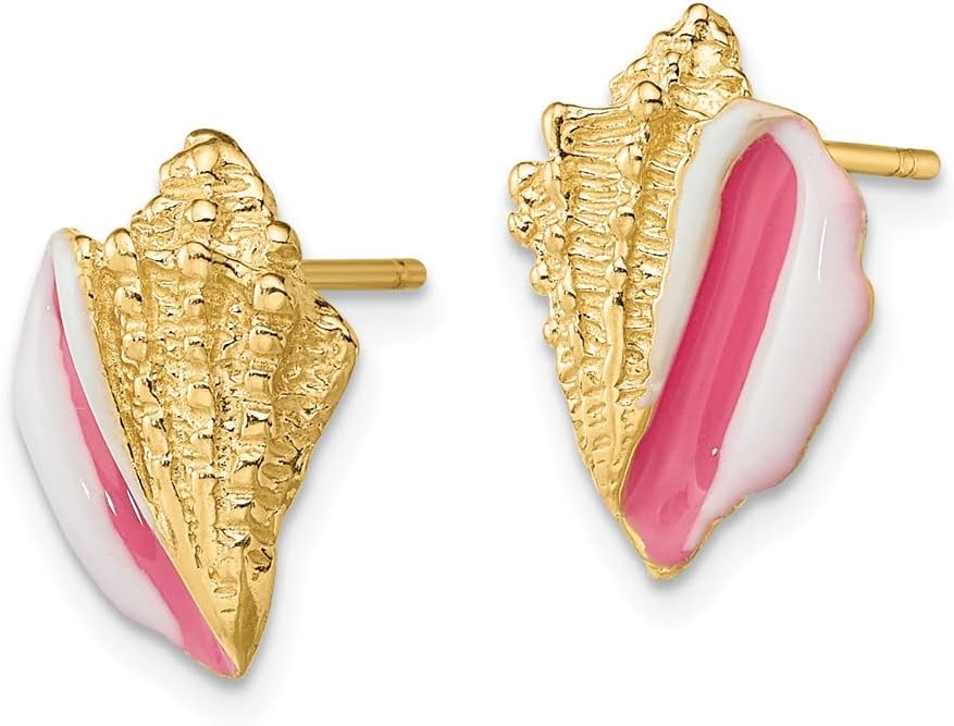 14K Yellow Gold White and Pink Enamel Conch Shell Ball Button Post Stud Earrings