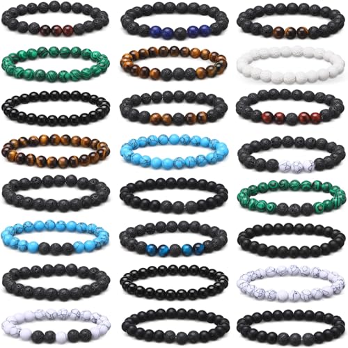 24 Pcs 8 mm Natural Stone Beads Bracelet Set Tiger Eye Men Stretch Lava Adjustable Onyx Matte Beads Essential Oil Diffuser Bracelet for Men Women Jewelry Gifts