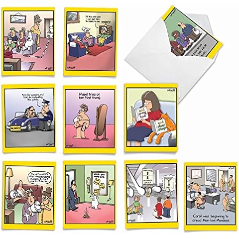 The Best Card Company - Variety Pack of 10 Funny Assorted Blank All Occasions Notecards 4 x 5.12 Inch w/Envelopes - Cartoon Humor for Men, Women (10 Designs, 1 Each) - Wild for Whyatt M6463OCB Cover