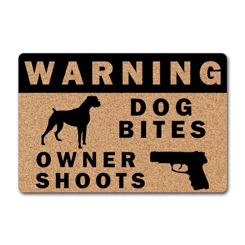 MjiejieM Funny Mats Dog Bites Guns Owner Shoots Indoor Floor Welcome Mat for Entrance Way Rubber Back for Front Door Indoor Outdoor Cute Rugs 23.6'(L) x 15.7'(W)