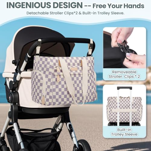 Image of Pritent Diaper Bag Tote for Working Mom, Large Travel Diaper Tote for Mom and Dad with 14 Inch Laptop Sleeve, Mommy Maternity Travel Baby Bag for Boys and Girls, Checkered Purple