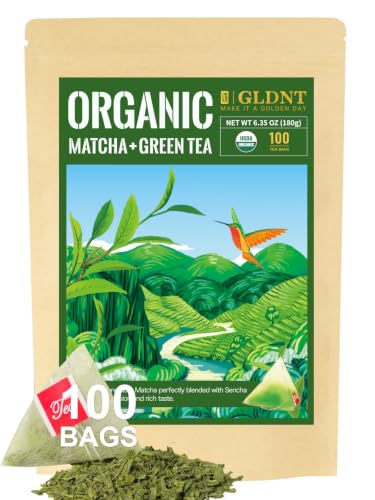 GLDNT Organic Matcha Green Tea Bags, Organic Matcha &amp; Sencha Blend, 100 ct