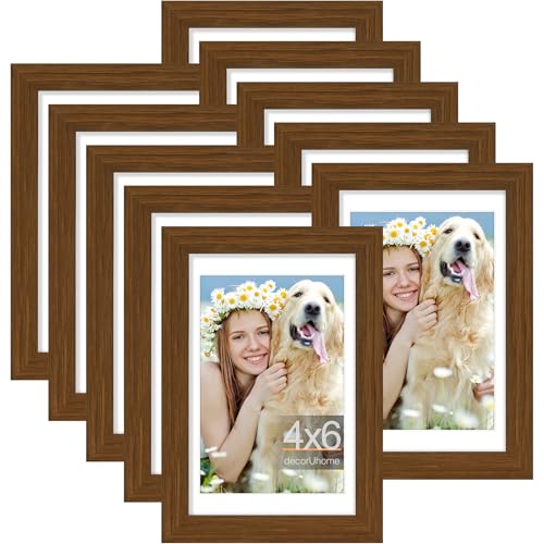 decorUhome 4x6 Picture Frame Set of 10, Display Photos 3.5x5 with Mat or 4x6 Unmatted for Picture Frames Collage Wall Decor, Brown