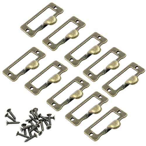 Image of 10 Pcs Antique Bronze Library Label Card Catalog Pulls,Vintage Label Holder Pull Handle, Card Holder Drawer Pulls with Screws for Drawer Cabinet Box Case