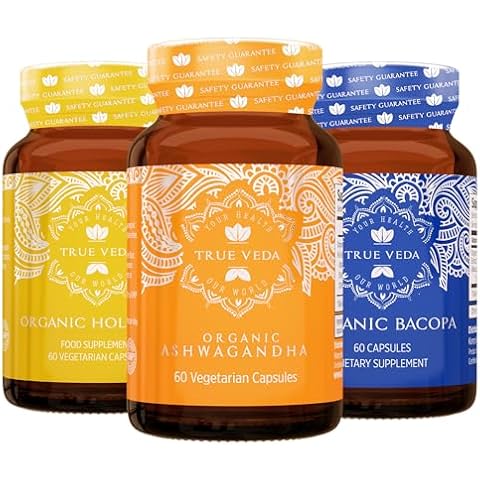 True Veda Relaxation Bundle USDA Organic | Multi-Award-Winning | Organic Ashwagandha KSM-66® | Organic Holy Basil with Vitamin B6 | Organic Bacopa Monnieri Capsules Cover