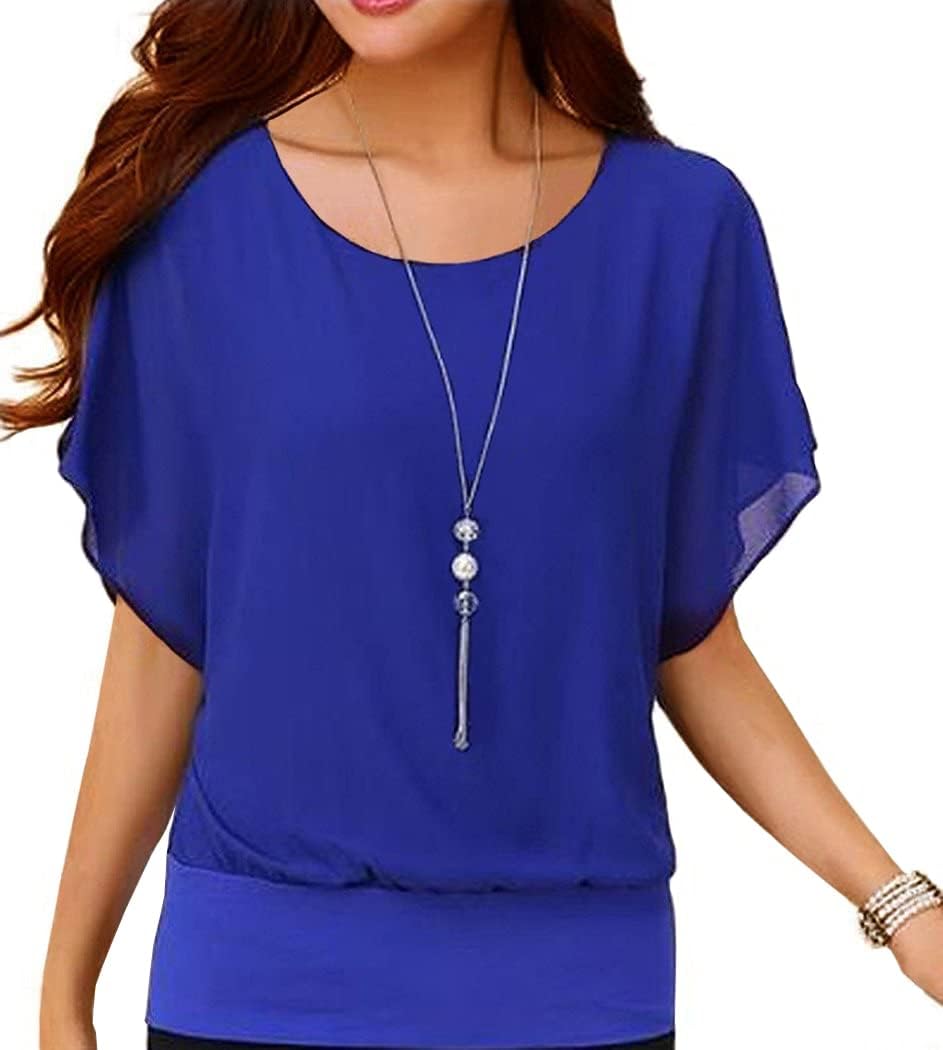 Neineiwu Oberteil Damen elegant Batwing Bluse Shirts Kurzarm Tunika Blumen Rundkragen Bluse