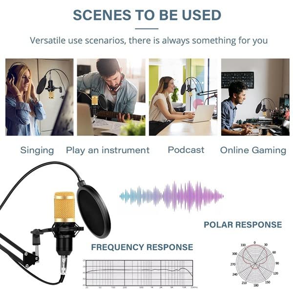 Image of ZHIZUKA BM800 Condenser Microphone Adjustable Boom Arm + Shock Mount + Pop Filter | Recording, Podcast, Streaming, Voice Overs, Singing, YouTube | Mobile, PC, MAC, PS4 | Need additional 48V Phantom Power | 3.5mm Mic - Gold
