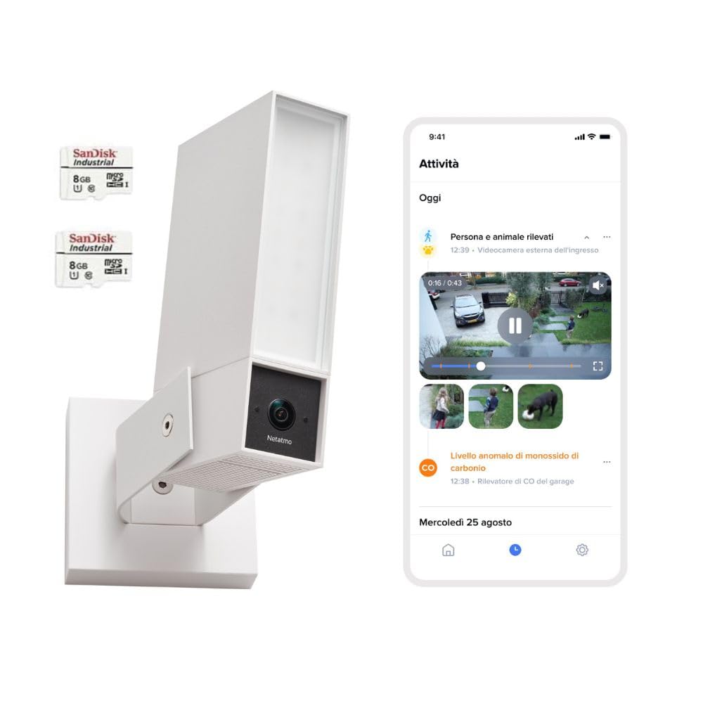 NETATMO Überwachungskamera für den Außenbereich, 2SD, WLAN 5 GHz, 2K HDR, KI-Erkennung Personen/Fahrzeuge/Tiere, LED-Flutlicht 12 W, Sirene 105 dB, lokale Speicherung, ohne Abonement, Weiße, NOC-2-AMZ