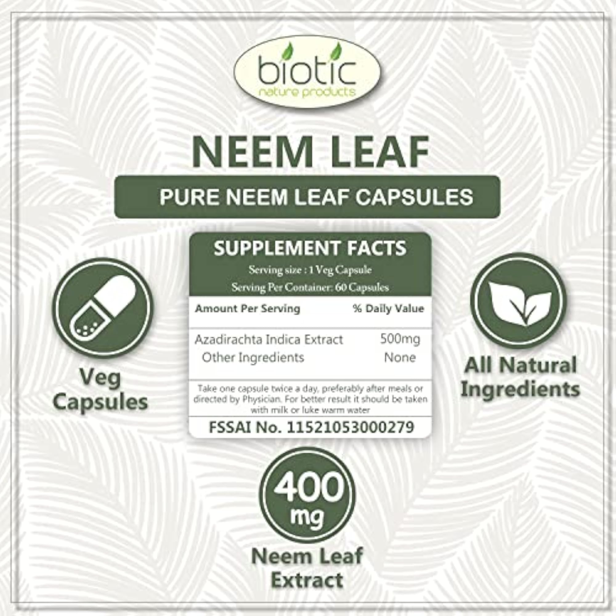 Neem Extract Capsules, 400mg - 60 Veg Capsules