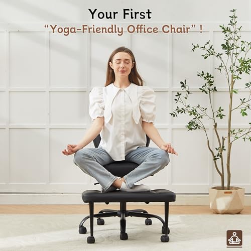 Image of Ergonomic Criss Cross Legged Office Chair, ADHD Chair, 360 Swivel Meditation Kneeling Chair with Wheels, Adjustable Footrest, Bigger & Wider Height Adjustable Seat, Strong Lumbar Support, Black PU