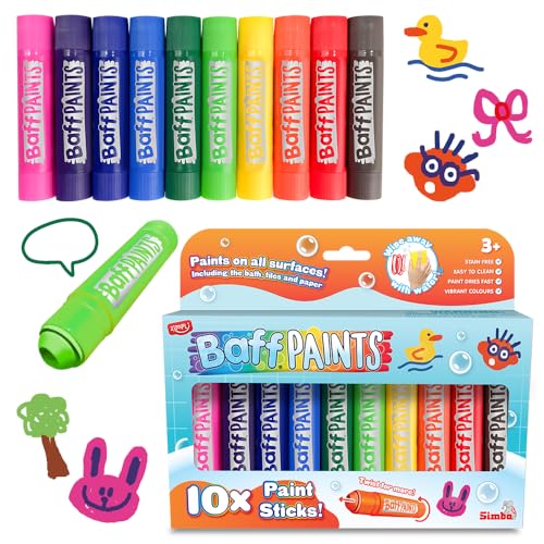 ZIMPLI 10 x Large Baff Paint Sticks Bath Crayons Pens for Kids Vibrant Colours Mess-Free Easy Clean Fast Dry Action Non-Toxic