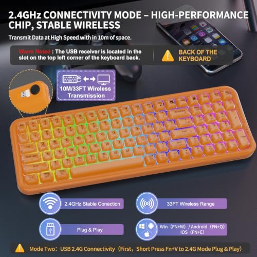 Image of FOPETT Wireless Computer Keyboard with RGB Backlit, Tri-Mode Bluetooth 5.0 /USB-C /2.4GHz Ergonomic Gaming Keyboard - Full-Size Rechargeable Transparent Keycap for Laptop /Windows /PC - Orange