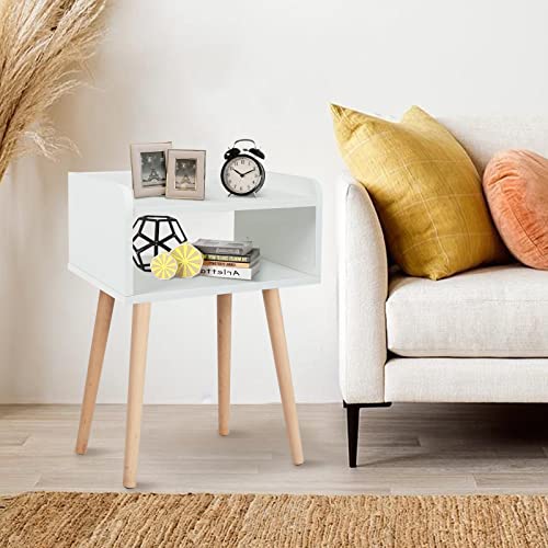 Babion Small Nightstand, White Nightstands Beside Table, Midcentury Mordern Nightstand with Solid Wood Legs, Wood End Tables Nightstand with Open Storage Shelf, White Side Table