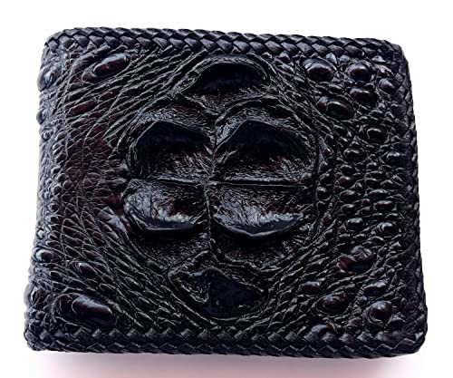 Julie Genuine Real Big Head Crocodile Skin Leather Man Bifold Knit Edges Black Wallet2