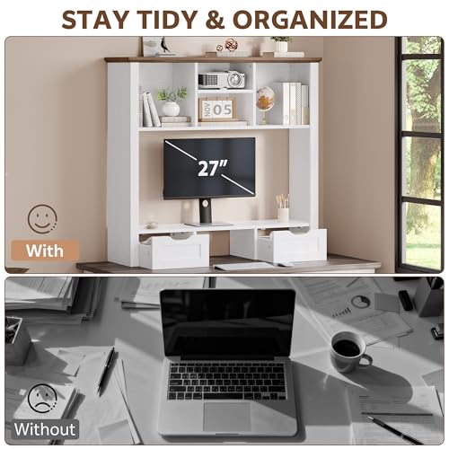 Image of Desk Shelf with Computer Monitor Stand, 37.4''W Desktop Bookshelf Display Rack, Desktop Organizer Storage Rack with Cubbies & Drawers, 5-Tier Hutch for Home, Office, Dorm, Vanity, White&Brown