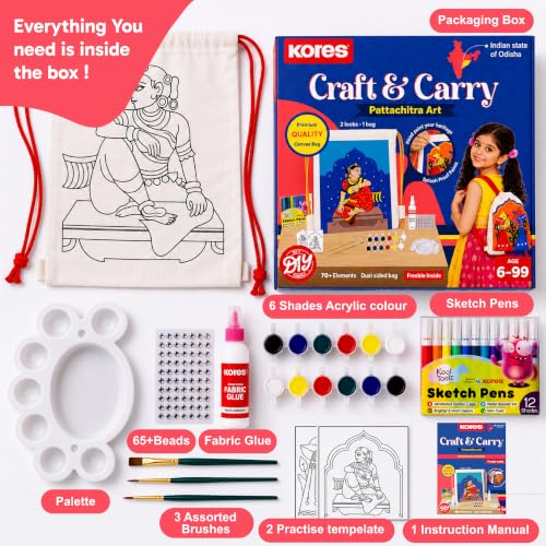 Image of Kores Craft & Carry Pattachitra Art Kit for Kids | DIY Indian Art Canvas Bag Painting Kit | Dual-Sided Drawstring Bag | Acrylic Colours, Sketch Pens, Fabric Glue, Beads, Brushes & Manual | Age 6-99