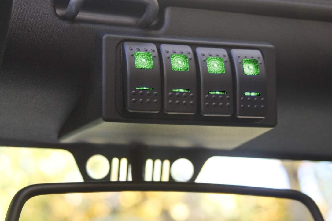 S-TECH Switch System for Jeep JK with four 30A circuits, Dual LED Rockers and Plug/Play custom wire harness. Made in USA (Green)