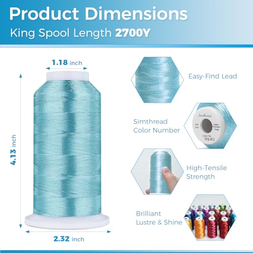 Image of Simthread 2700 Yards Metallic Embroidery Machine Thread - Aquamarine MS-012, 40wt High-Sheen King Spool, Smooth Running & Break Resistant for Commercial & Home Embroidery Machines