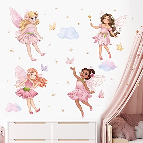 wondever Pegatinas de Pared Infantiles Hada Adhesivos Pared Decorativos Mariposas Rosa Duendes Vinilos Pared para Habitación Niñas Bebés Guardería