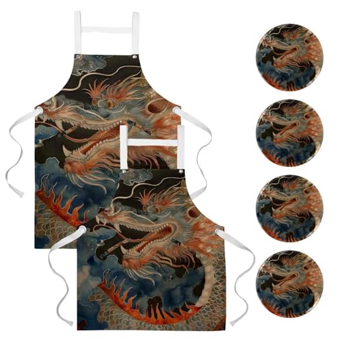 Lot de 2 tabliers de cuisine avec 4 broches et motif dragon chinois multicolore