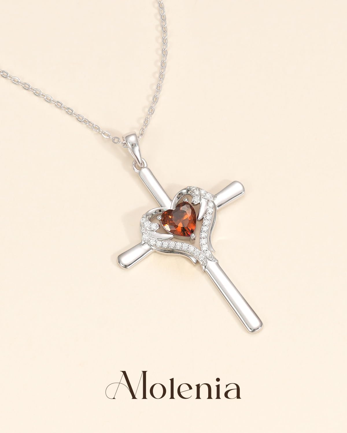 Easter Gifts for Women Wife Daughter - Birthstone Cross Necklace: Solid 925 Sterling Silver 18K White Gold Christian Jewelry Cross Heart Pendant, Birthday Faith Baptism Confirmation Gifts for Her Mom