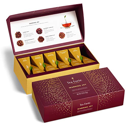Tea Forte Warming Joy Petite Presentation Box Tea Sampler Gift Set, Assorted Variety Tea Box, 10 Handcrafted Pyramid Tea Infuser Bags with Black Tea and Herbal Tea Winter Holiday Blends