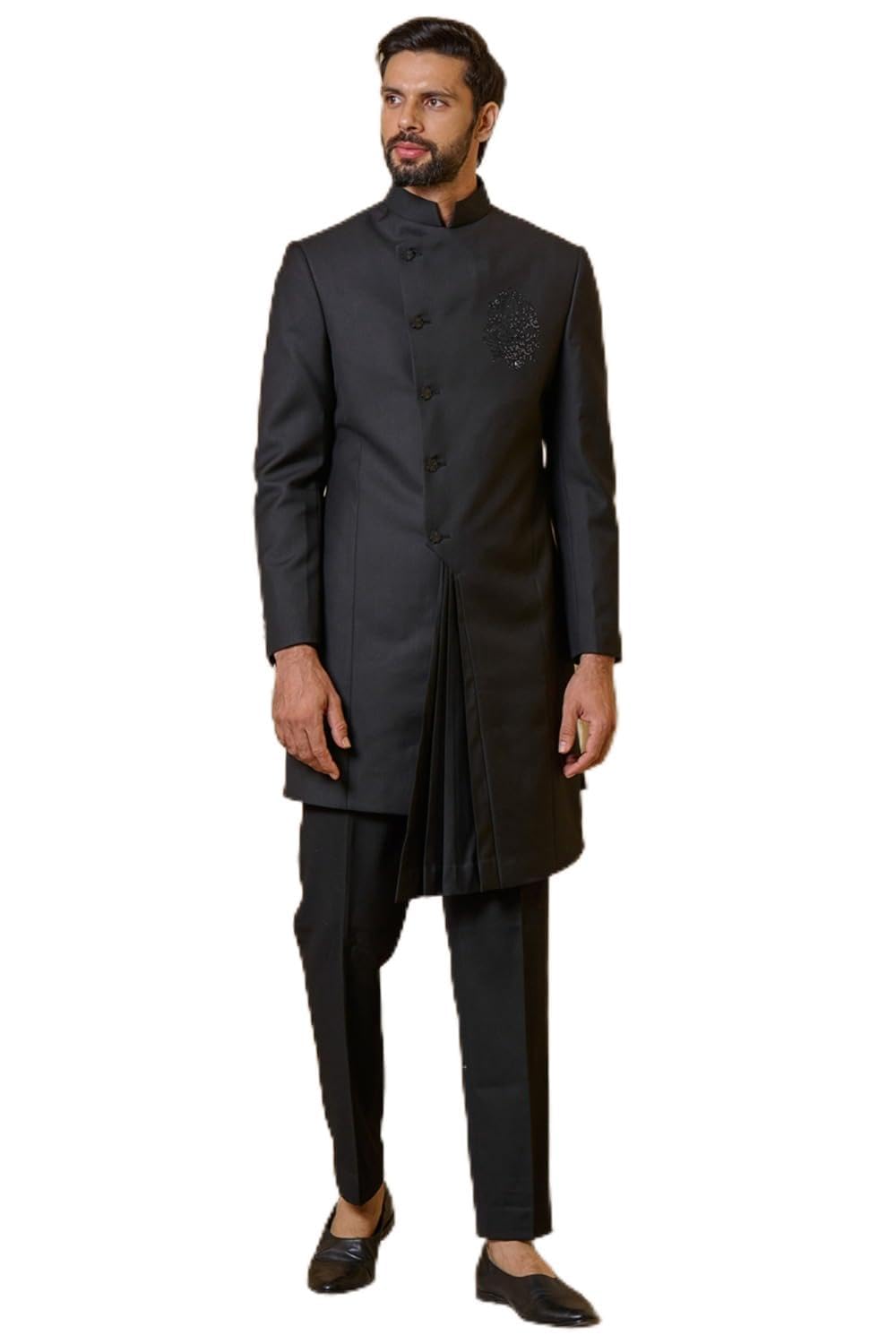Black Asymmetric Indo Western With Front Pleats For Men-image-49