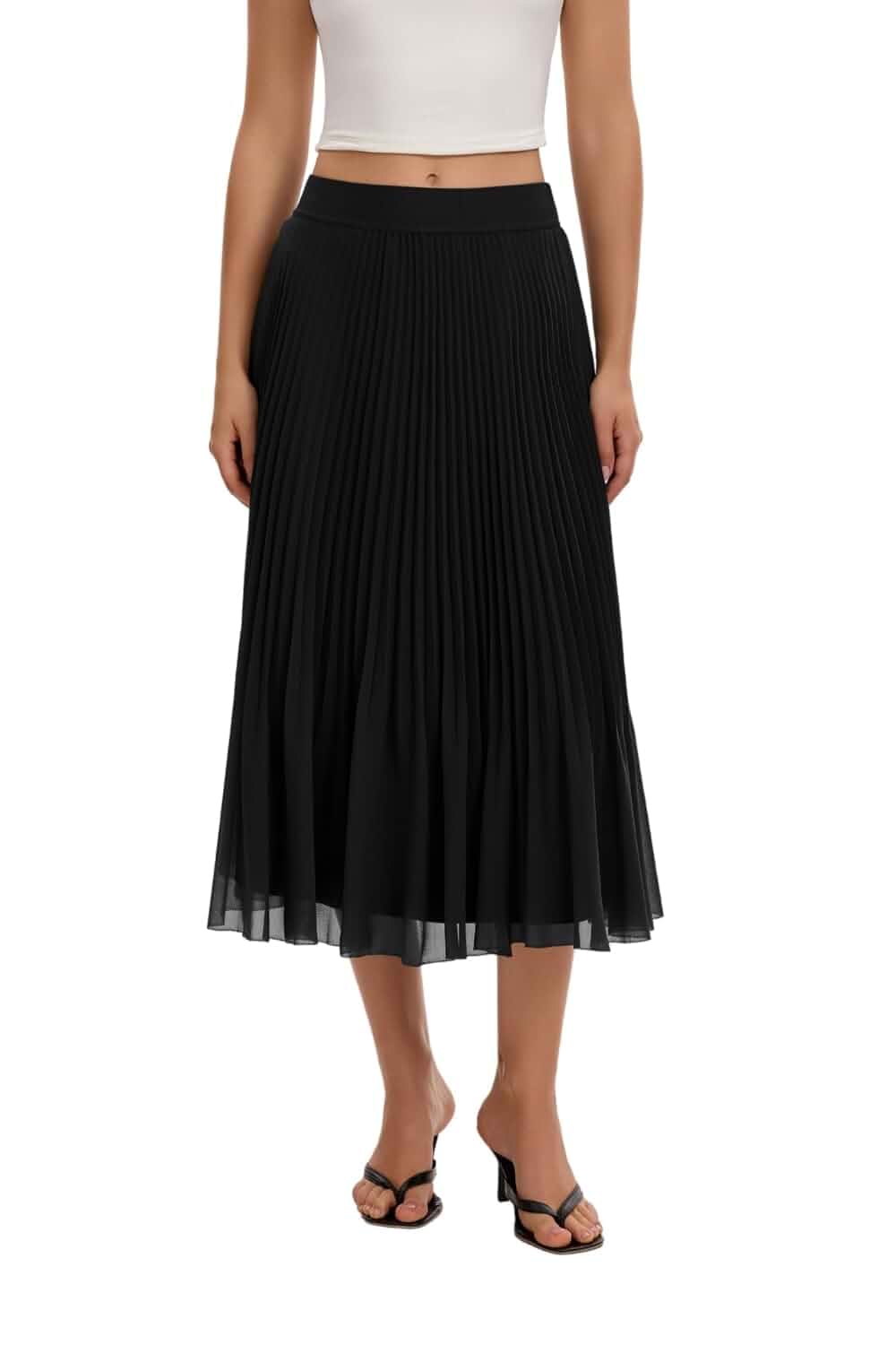 QINSEN Women's Elegant Flowy Pleated Chiffon Skirts Summer A-line Swing Midi Skirts Casual Elastic Waist Soft Lining