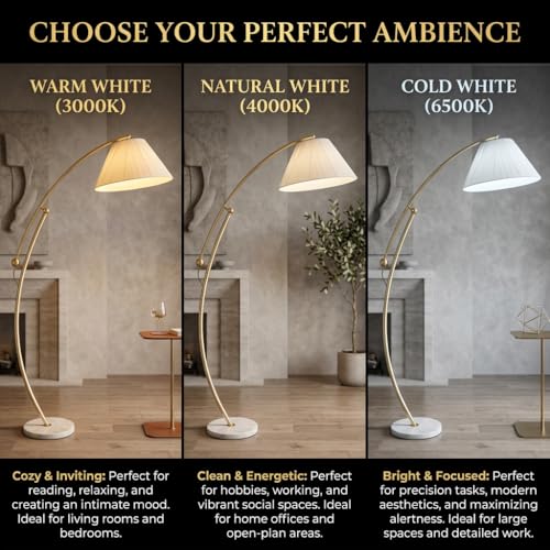 Image of Arc Floor Lamp 3-Color CCT (Warm + Natural + Cold White) | Gold Metal Body | Marble Base | Fabric Shade | Living Room Bedroom Standing Lamp