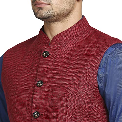 Image of Colorplus Men's Tailored Fit Pure Linen Stand Collar Yarn Dyed Pattern Full Sleeve Dark Red Casual Blazer