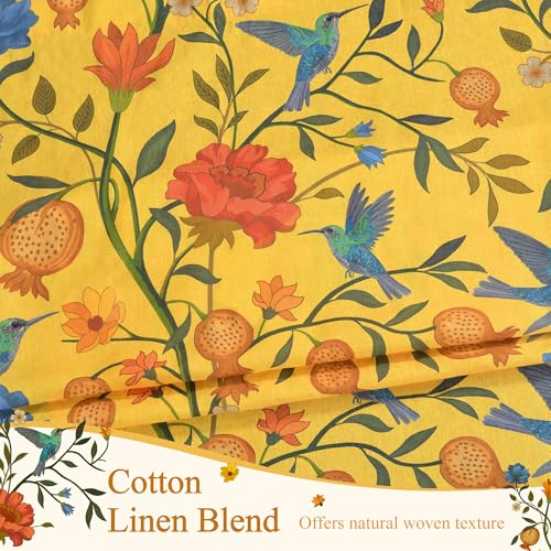 Image of JOOJA Mustard Yellow Floral Linen Curtains, Boho Whimsical Bird Print Curtains for Bedroom Window Colorful Patterned Sheer Curtains for Living Room Kitchen 2 Panels 96 Inches Long