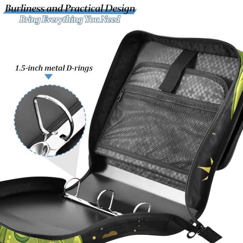 Image of 3 Ring Zipper Binder with Shoulder Strap Mystical Green Moon Moth Boho 1.5 inch Binders Keeper Large Capacity Multi Pockets for School Office Supplies