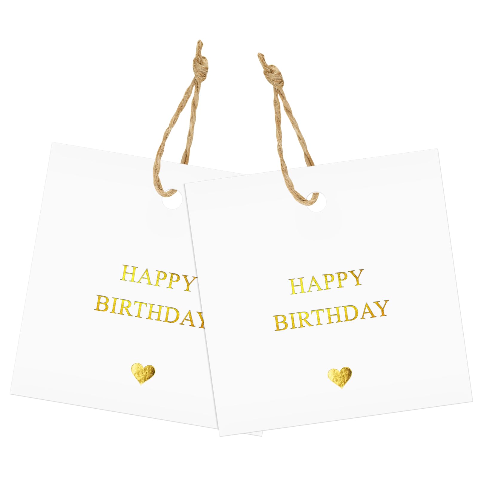 joycraft Birthday Gift Tags with String, 50Pcs Gold Foil Happy Birthday Party Favor Tag, 2.5 in White Square Paper Hangtags for Gift Wrapping, DIY