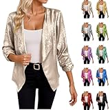 Blazer de lentejuelas para mujer, chaqueta de solapa de manga larga, informal, elegante, chaqueta bomber, bolero, festivo, discoteca, ropa de calle, top brillante, fiesta, carnaval, disfraz, beige