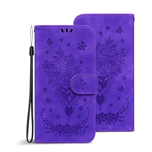 ONV Flip Case for Samsung Galaxy S22 Plus - Rose Butterfly Embossed Phone Case with Card Holder Lanyard Stand Case Leather Magnetic Wallet Cover for Samsung Galaxy S22 Plus [XT] -Purple