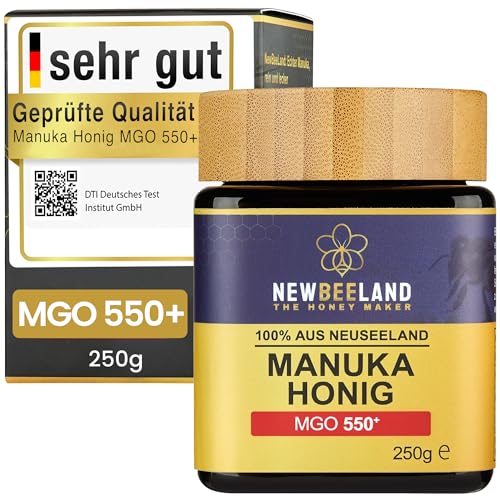NEWBEELAND Manuka Honig MGO 550+ – 250g – lichtgeschütztes Glas, 100% purer Premium Manuka Honey aus Neuseeland, chargengeprüft mit zertifiziertem Methylglyoxal-Gehalt, ohne Zusatzstoffe