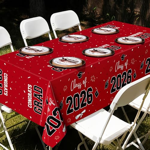 Image of QZYL 4 Pack Graduation Table Cloth, 54 inch x 108 inch Red 2026 Graduation Table Decorations, Disposable Grad Party Decorations for College, Rectangle Plastic Tablecover for Class of 2026 Congrats Grad