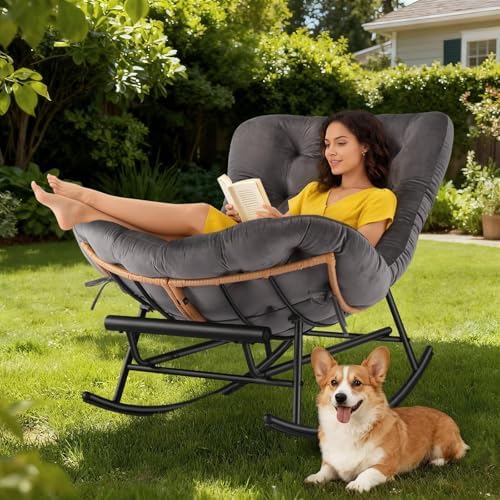 Papasan Rocking Chair, Oversized Lounge Egg Chairs with Thick Removable Cushion, 350 Lbs Comfy Patio Rocker for Balcony, Porch, Garden, Lawn, Living Room, Grey — view 5