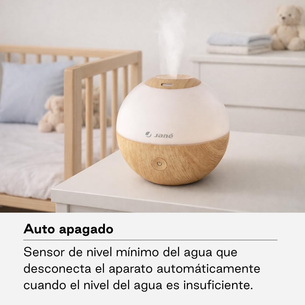 Jané Humidificador Ultrasónico Bebé con Luz, Difusor de Aromas, 2 Velocidades, Vapor Frío, Autoapagado, Salida 360º, Madera