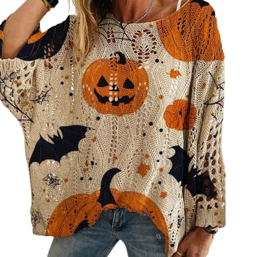 Women's Halloween Pumpkin Print Knit Top Casual Loose Fit Sweater Spooky Season Sweatshirt Long Sleeve Knit Pullover Tops