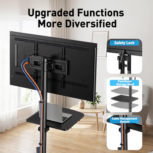 Image of PERLESMITH Rolling TV Stand for 23-63 Inch Flat /Curved Screen TVs up to 88 lbs, Mobile TV Stand on Wheels, Portable TV Stand with Tilt & Height Adjustable,Outdoor TV Stand Max VESA 400x400mm PSTVMC10