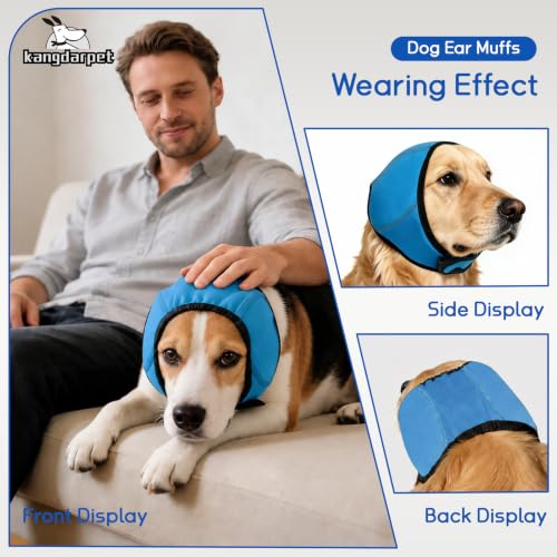 Image of Dog Ear Cover for Noise Protection & Anxiety Relief, Adjustable No Shake Ear Wrap for Firework, Hematoma, Bathing, Swim, Grooming and Force Drying (Blue, L(Head Size:18 inch-24 inch))