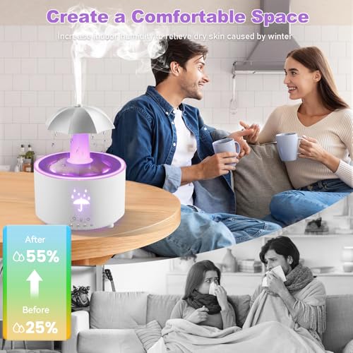 Umidificador para quarto, difusor de guarda-chuva giratório de 7 cores com efeito de chuva, umidific