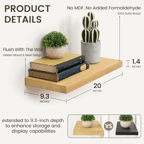 Image of Marsmiles 20 Inch Floating Shelves | 9.3 Inch Deep Natural Wood Wall Shelves Set of 2 | Rustic Reclaimed Wood Shelves for Room Wall | Farmhouse Floating Shelves for Living Room Bathroom