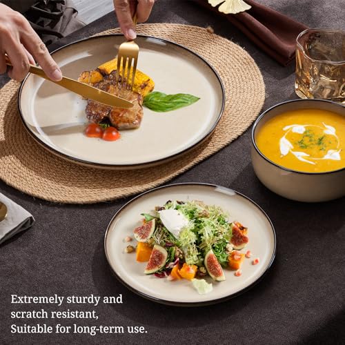 Homikit 18 Piece Dinner Set, Kitchen Stoneware Dinnerware Sets for 6 People, Included 6X Dinner Plates, 6X Side Plates and 6X Bowls, Non-Scratch, Dishwasher & Microwave Safe, Desert Khaki - Image 6