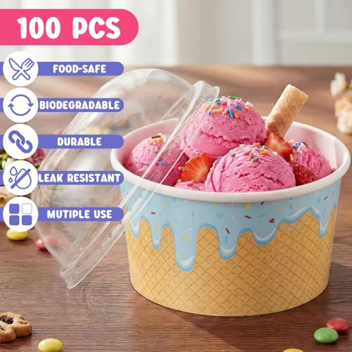 Image of Jingmore 100 Count Paper Ice Cream Cups with Clear Dome Lids Disposable Dessert Cups Bulk Dessert Bowls Sundae Containers for Snack Yogurt Soup Birthday Ice Cream Party Supplies (8 oz)