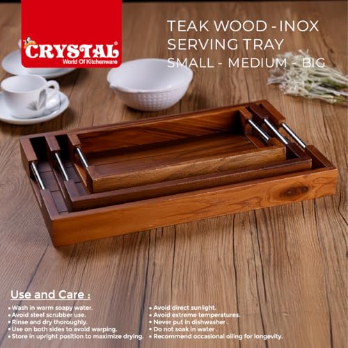 Image of Crystal Teak Wood INOX Rectangular Serving Tray | for Home, Kitchen, Restaurant, Office Organizer, Dining Table | Premium Wooden Trays | Small - 28 X 15 X 4.5 Cm | Handcrafted in India