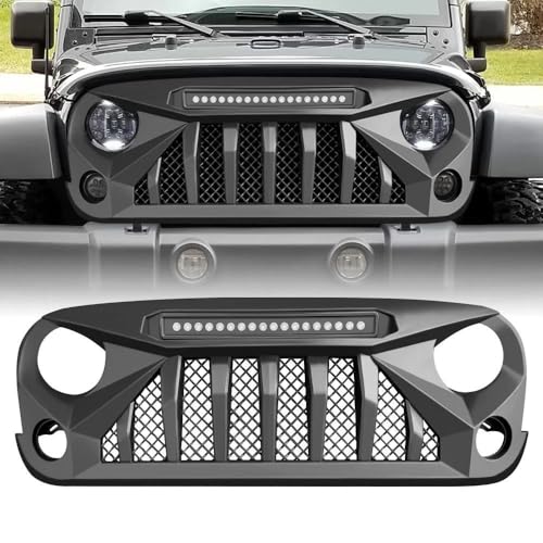 AMERICAN MODIFIED Front Grille Cover w/Off-Road Lights Compatible with Jeep Wrangler 2007 to 2018, JK/JKU, Rubicon, & Sahara Sport, Matte Black
